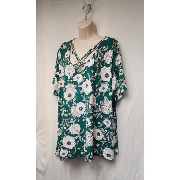 CATO EST 1946 V-Neck Short Sleeve 3D Floral Tunic Green/White Blouse 26/28W - Picture 4 of 7